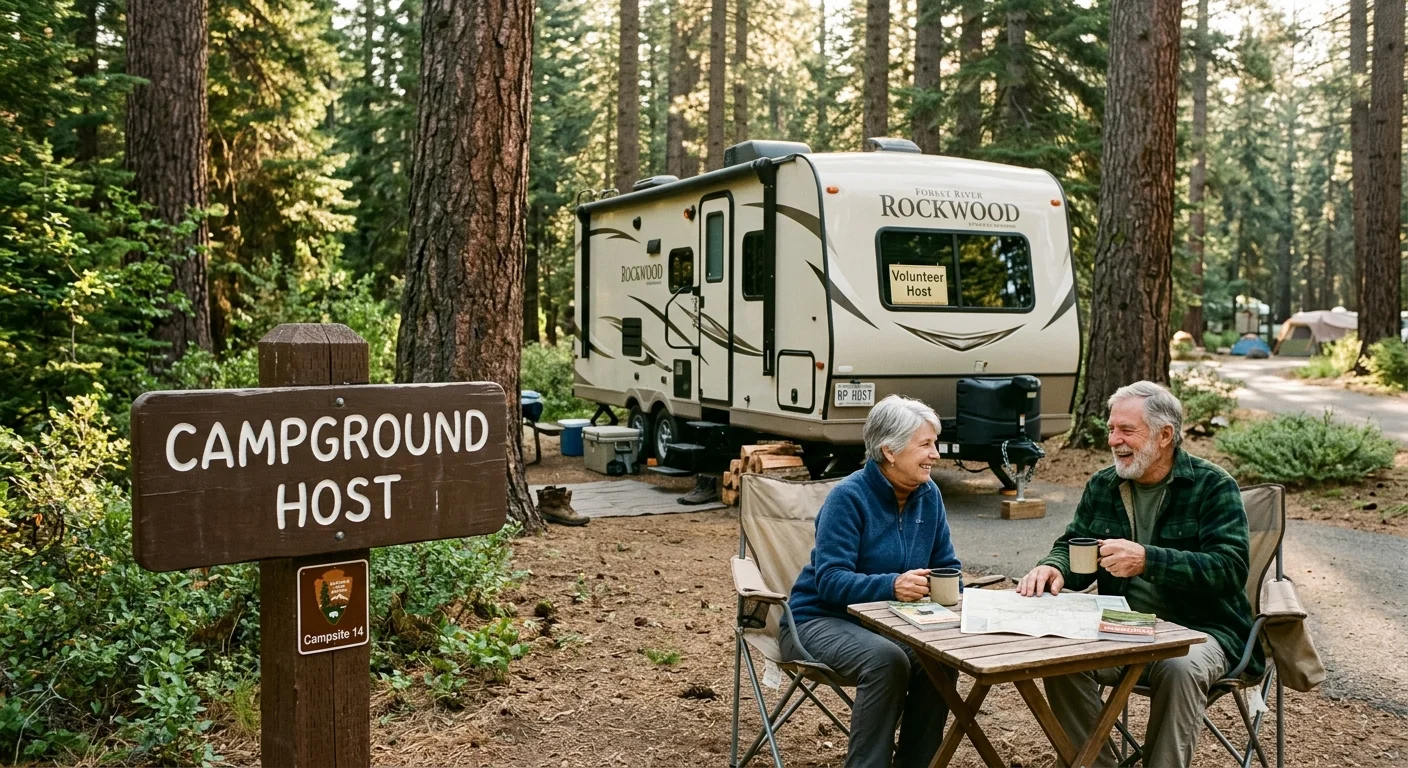 A warm film-style photograph of an older couple relaxing outside their RV at a campsite with a 'Campground Host' sign.