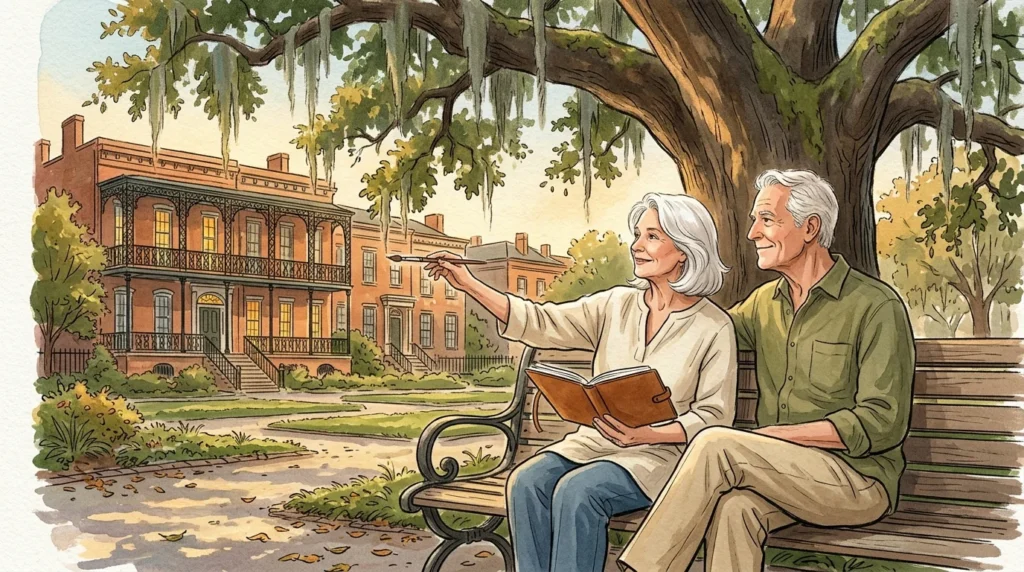 A warm gouache illustration of a retired couple sketching historic Southern townhouses under a Spanish moss-draped oak tree.