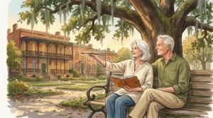 A warm gouache illustration of a retired couple sketching historic Southern townhouses under a Spanish moss-draped oak tree.