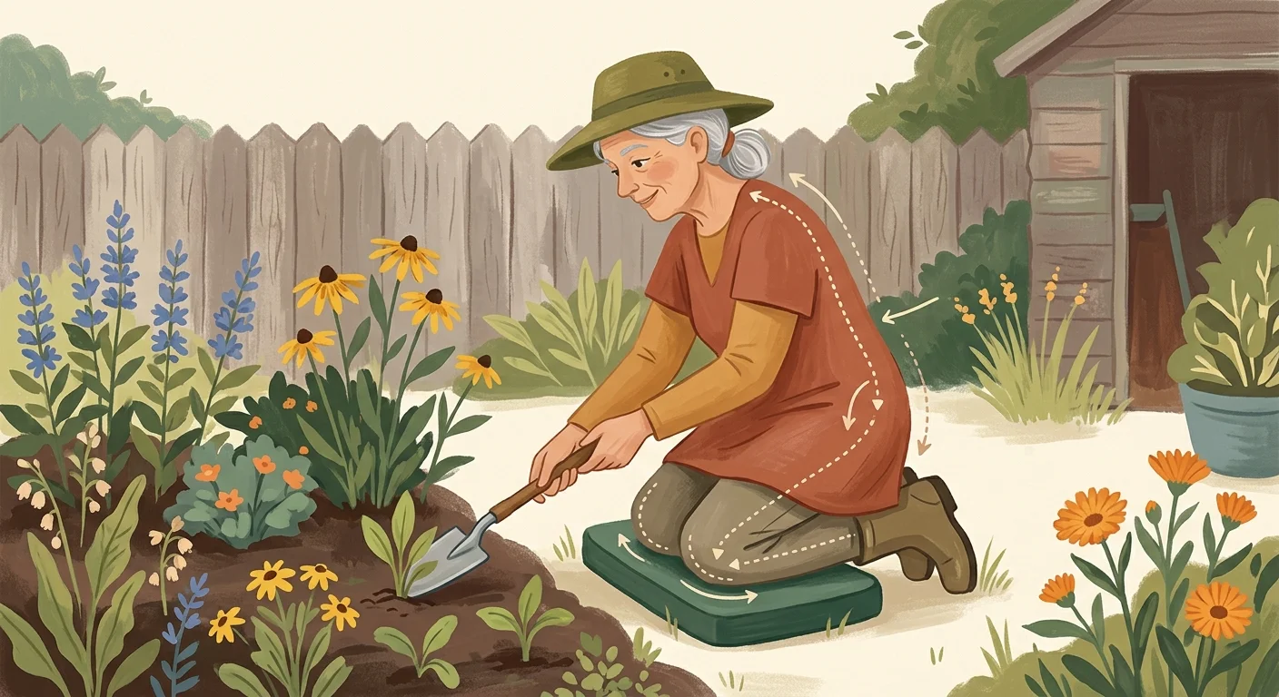 A warm gouache illustration showing a senior gardener using proper kneeling ergonomics and a foam pad to protect their back and joints.