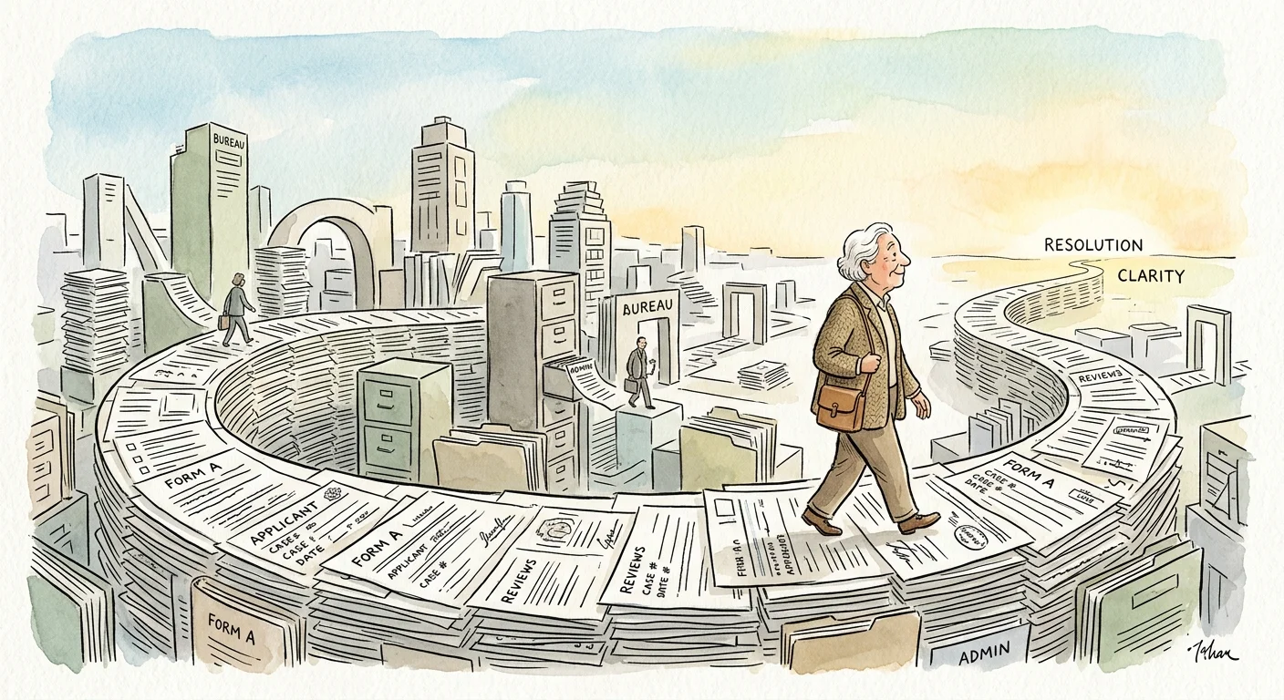 A warm ink and watercolor illustration of a senior walking a clear path paved with documents toward a bright horizon.