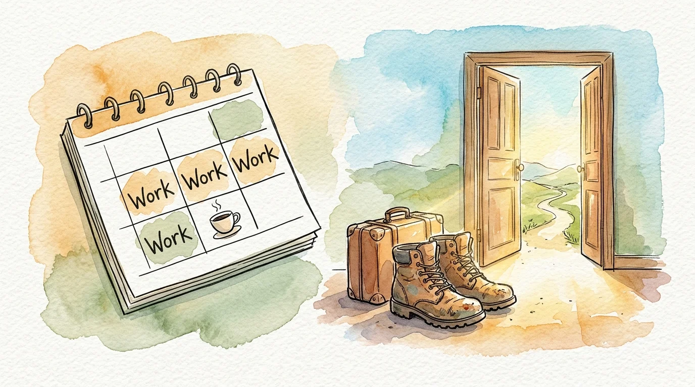 A watercolor illustration showing a calendar balanced with travel gear, symbolizing a flexible retirement schedule.