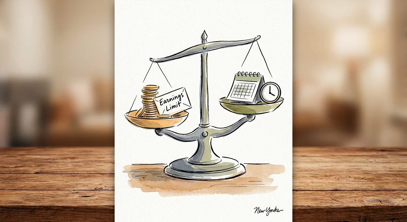 A whimsical watercolor illustration of a balance scale weighing a stack of gold coins against a calendar and clock.