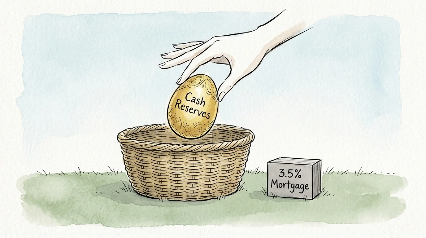 A whimsical watercolor illustration of a hand placing a golden nest egg of cash reserves into a basket next to a mortgage block.