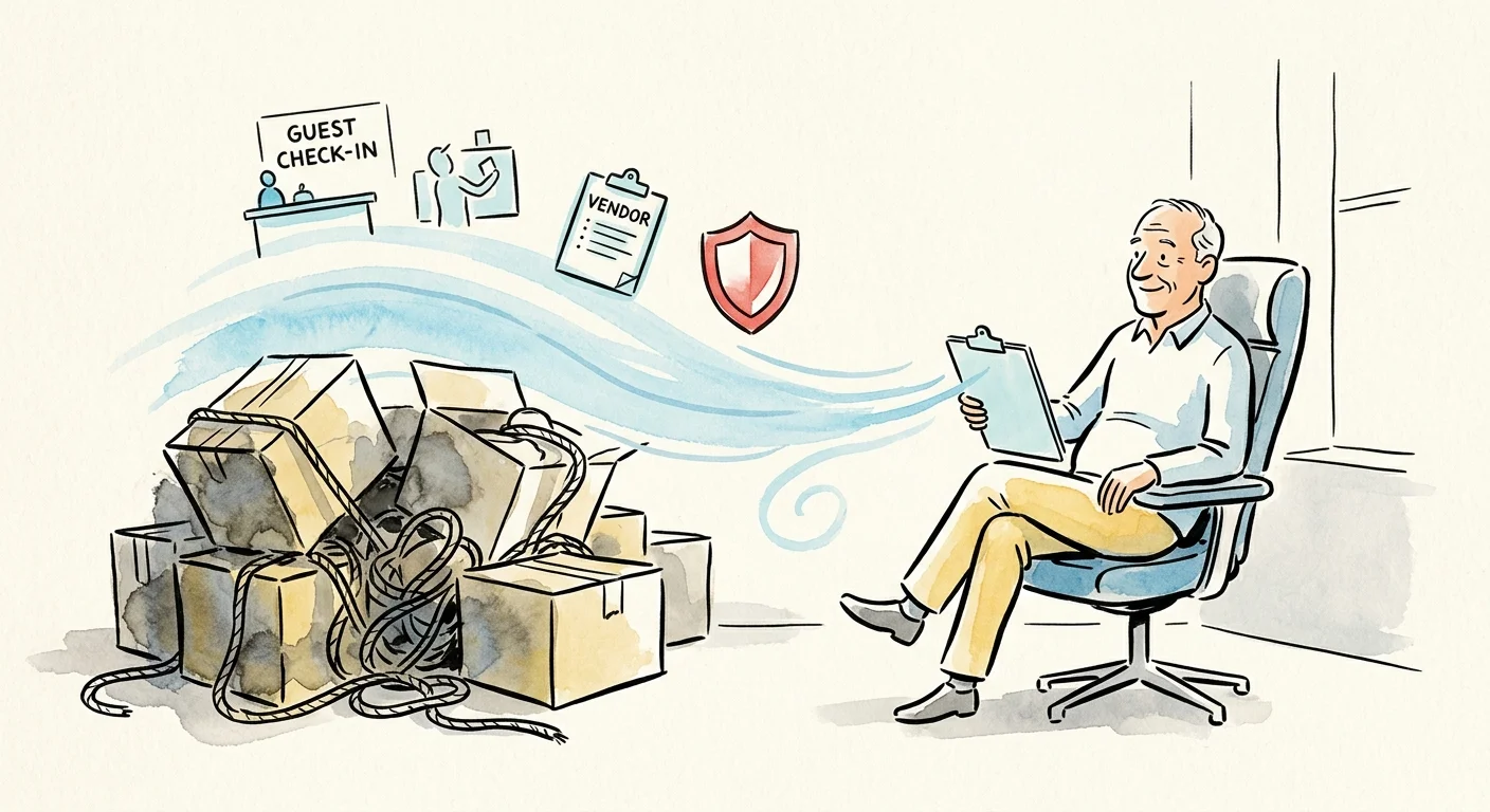 A whimsical watercolor illustration of a retiree sitting comfortably, sweeping away heavy tasks in favor of safe organizing roles.