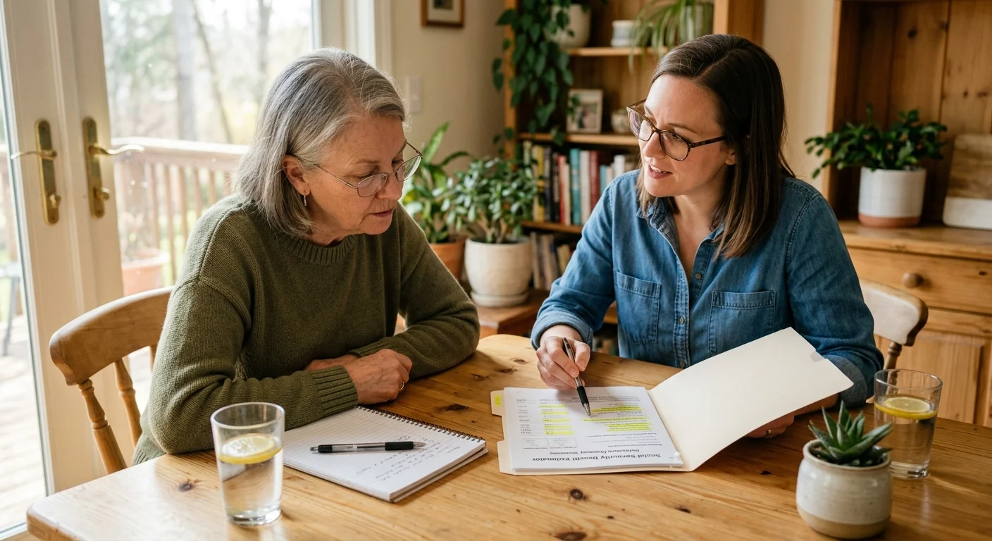 A younger woman reviews paperwork and points to a document while sitting at a dining table with an older woman.