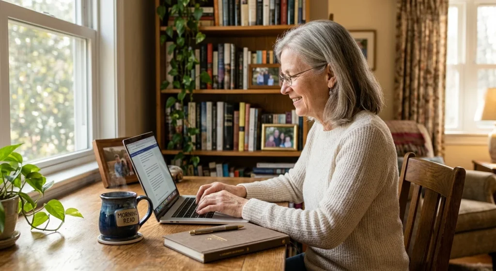 Active senior woman working on a laptop at a sunlit home desk.