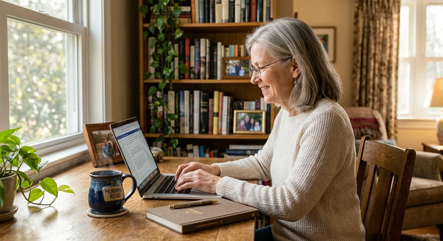 Active senior woman working on a laptop at a sunlit home desk.