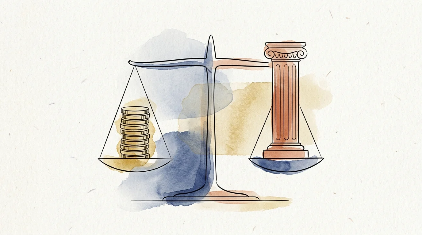An abstract ink and watercolor illustration of a balanced scale representing a wage contribution ceiling.