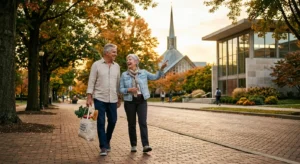 An active retired couple walks along a tree-lined street in Columbus, Indiana during a warm, golden-hour sunset.