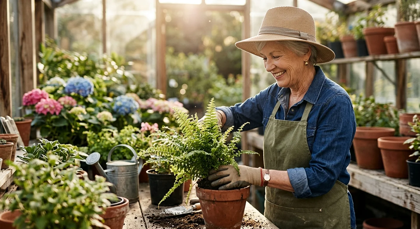 An active retired woman with silver hair smiling while repotting a lush green fern in a warm, sunlit botanical greenhouse.