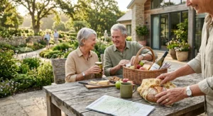 An active senior couple happily packing a picnic basket outside their modern retirement home surrounded by lush gardens.