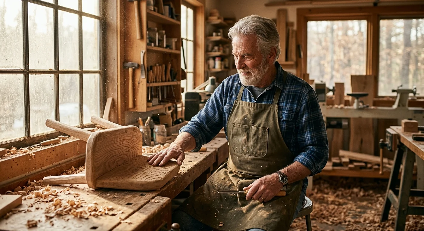 An active senior man in his late 60s works happily in a sunlit woodworking shop, representing working in retirement.