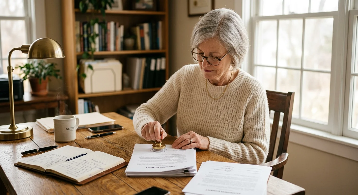 An active senior woman setting up her mobile notary business at a sunlit wooden desk in her cozy home.