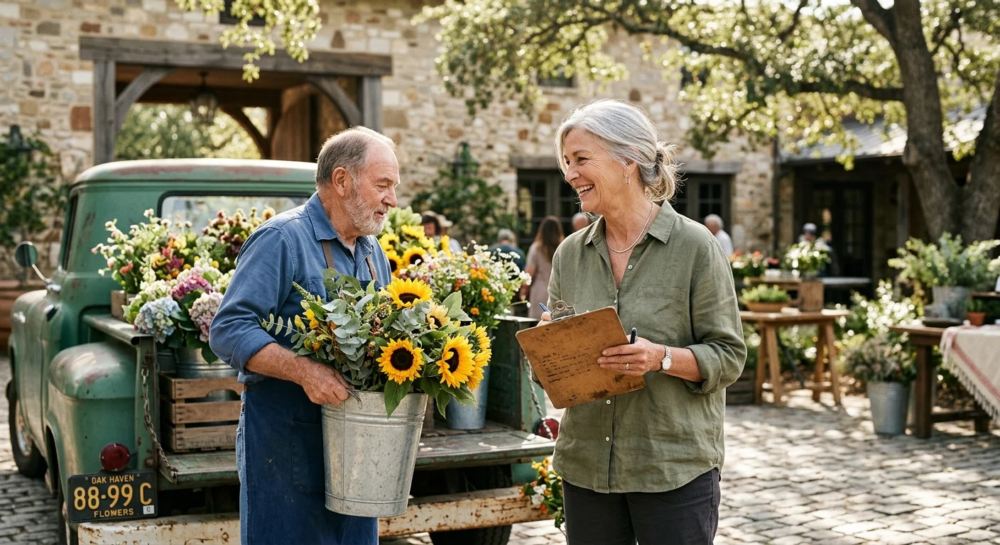 An active senior woman with a clipboard coordinates with a flower vendor at an outdoor event in morning light.