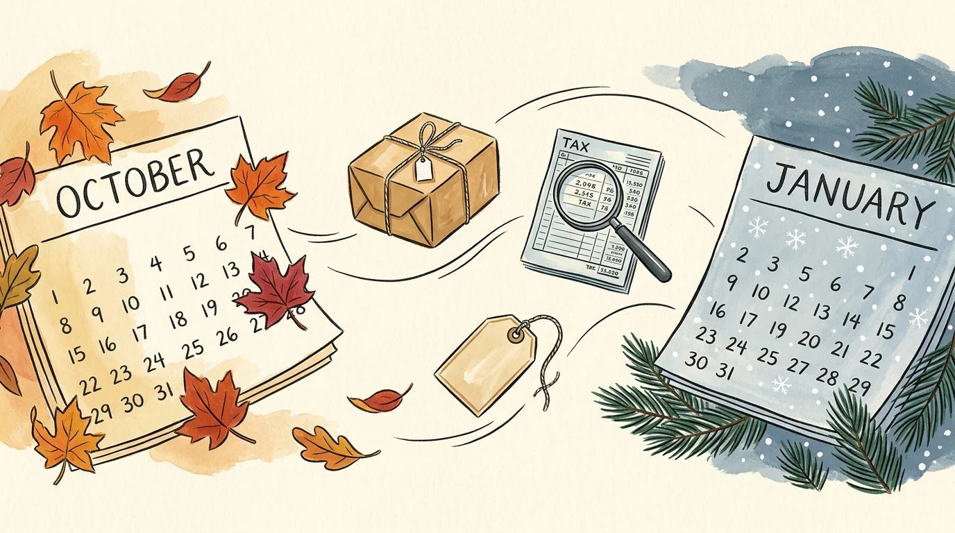 An artistic illustration tracing the transition of calendar months from October to January with autumn leaves and winter snow.