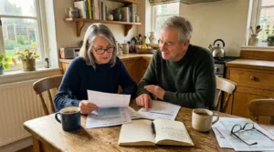 An authentic older couple sits at their kitchen table reviewing planning papers with '2027' written in a notebook.