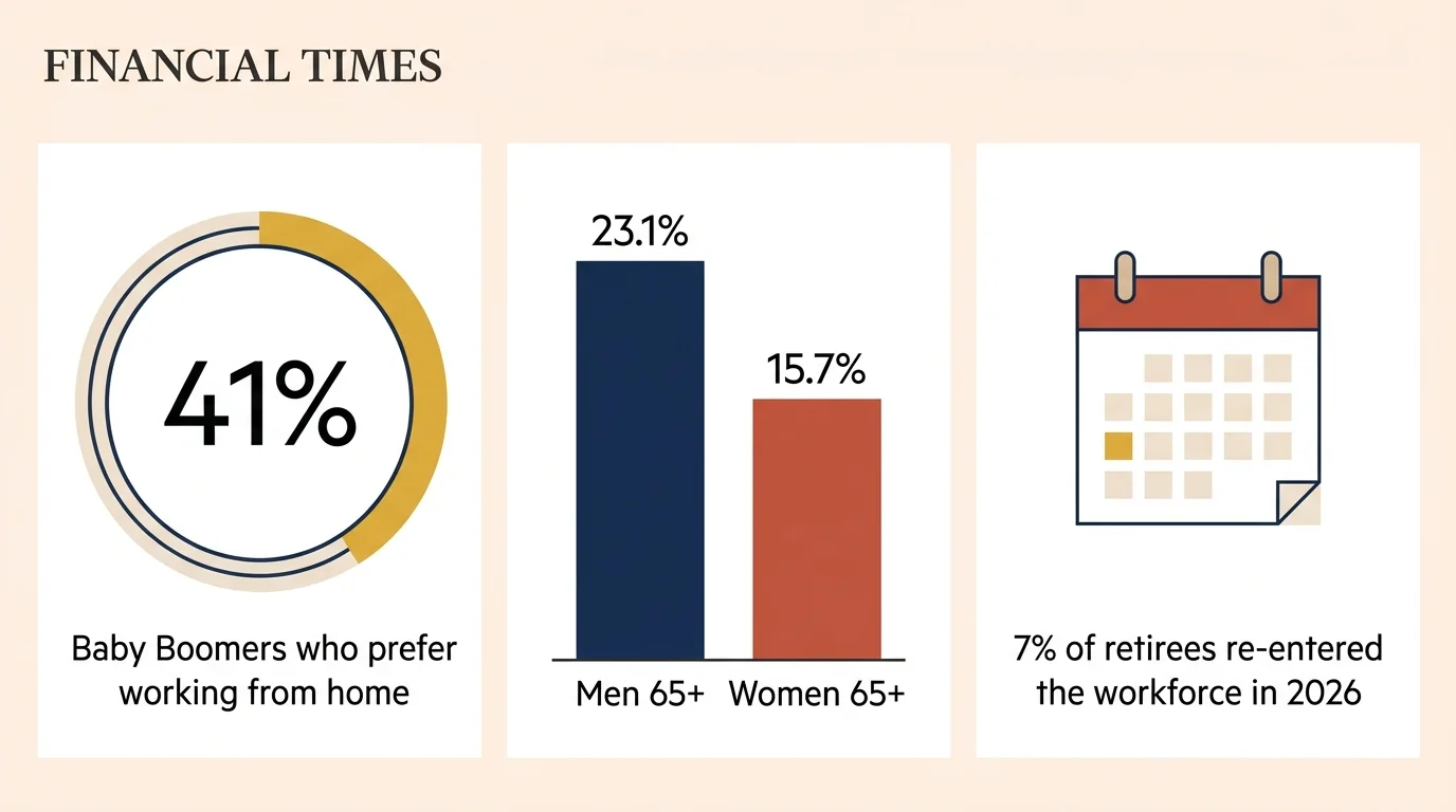 An editorial data visualization displaying remote work and workforce participation statistics for seniors.