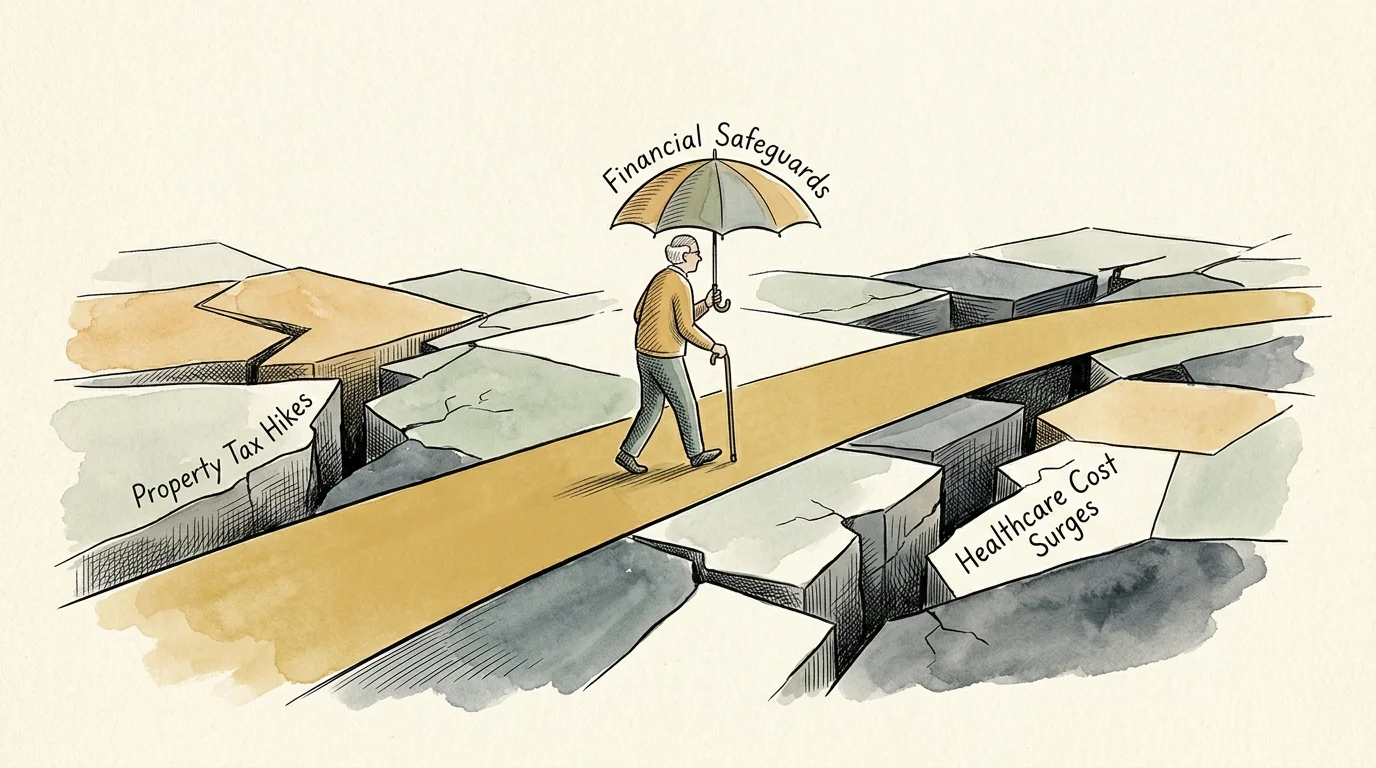 An editorial illustration of a person walking a safe path past fissures labeled with financial risks.