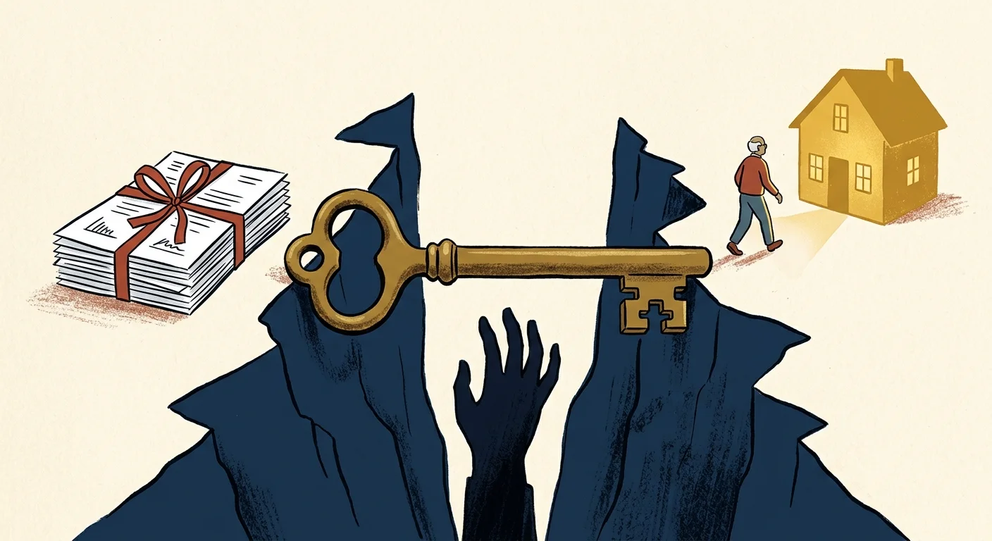 An editorial illustration of an antique key acting as a bridge over a chasm, blocking a shadowy hand to guide a person to a secure golden ho