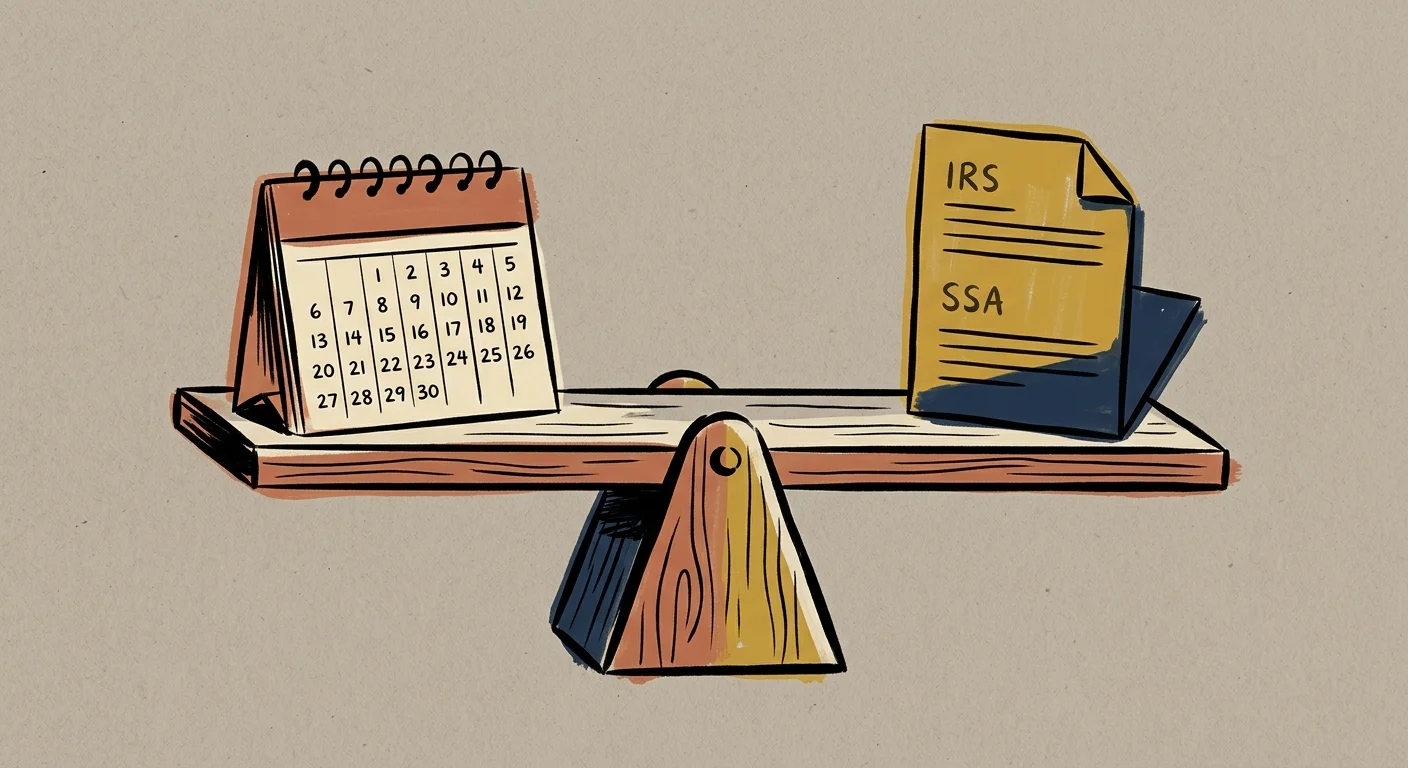 An editorial illustration of balancing scales holding a calendar on one side and tax documents on the other.