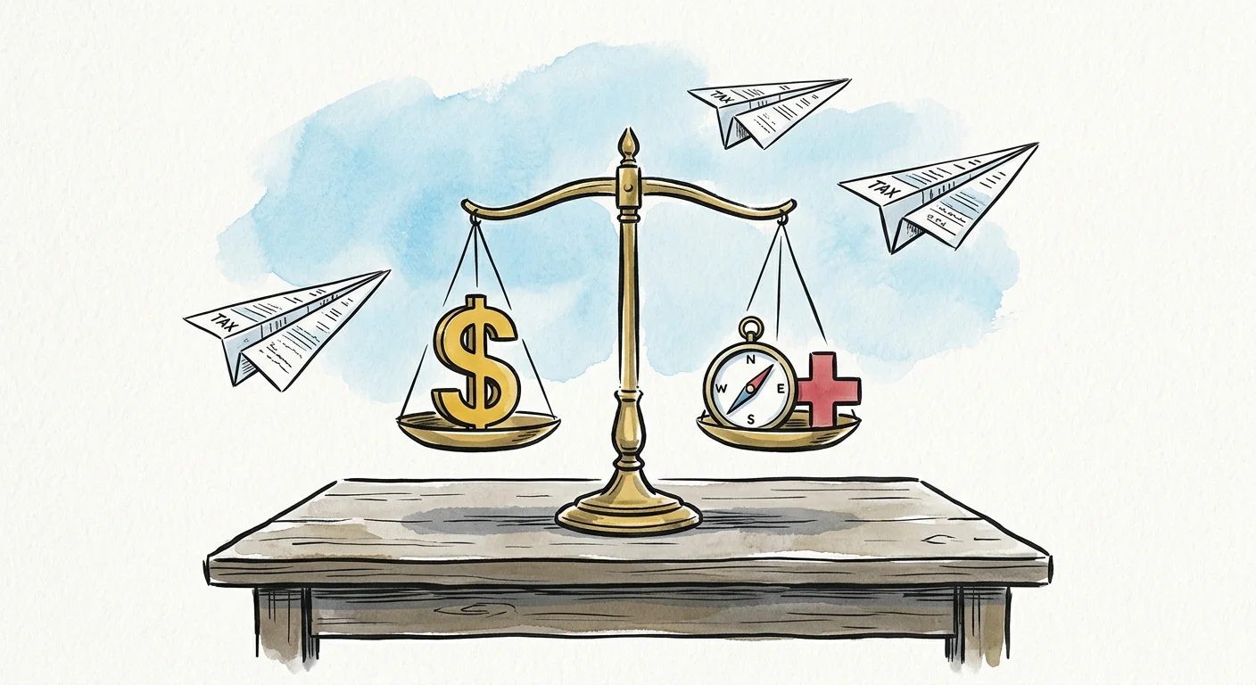 An editorial ink and watercolor illustration showing a balance scale weighing financial assets, healthcare, and tax forms.