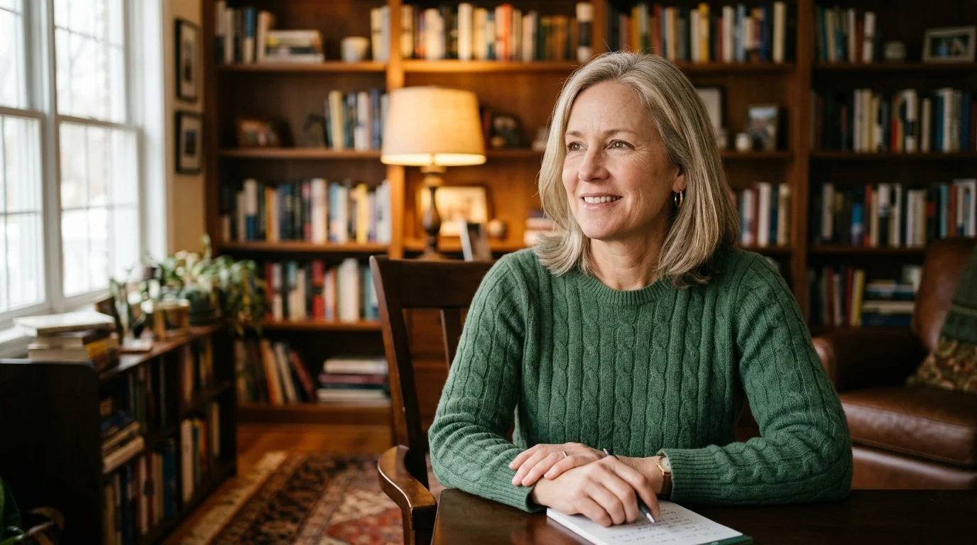 An editorial portrait of a friendly female estate attorney sitting in her warm, book-filled home study.