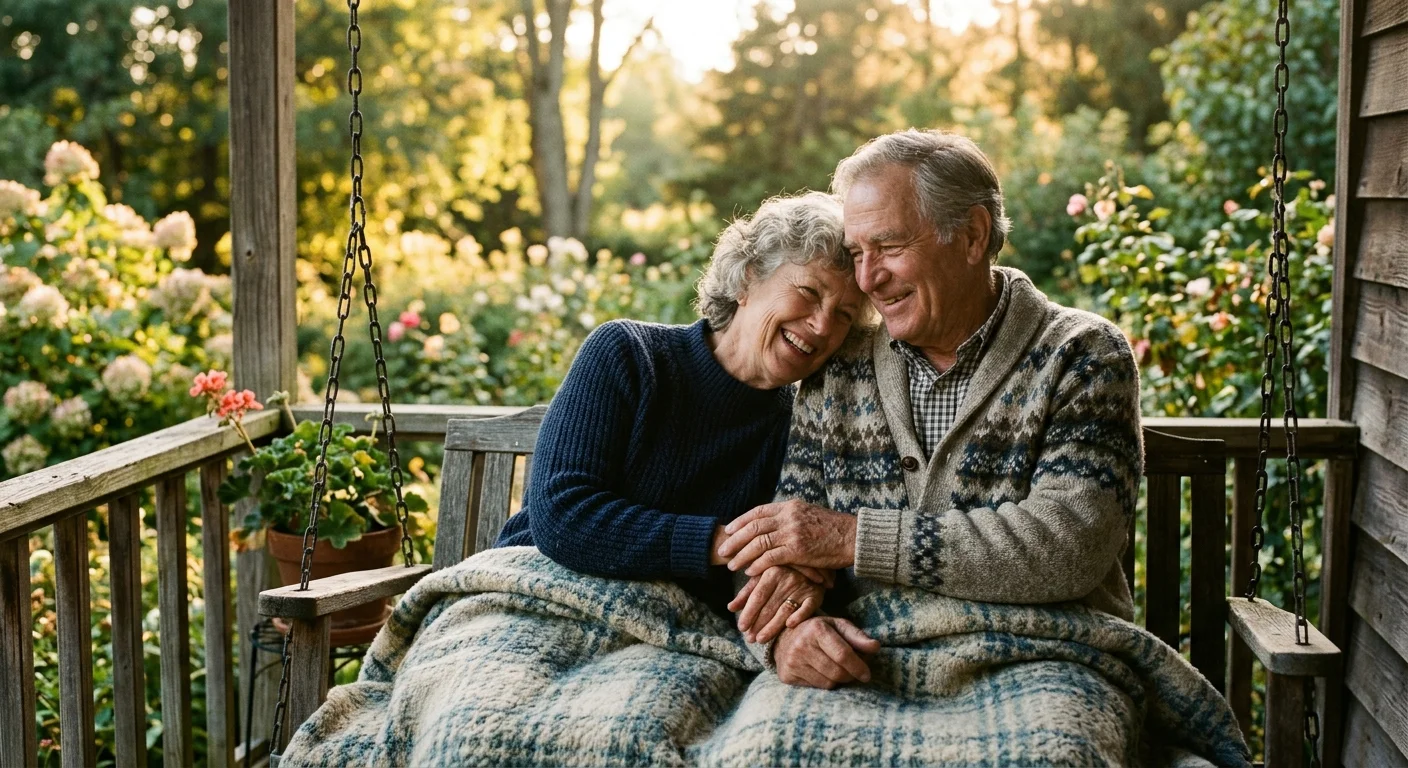 An elderly couple sits close together on a porch swing, holding hands during golden hour, portraying partnership.