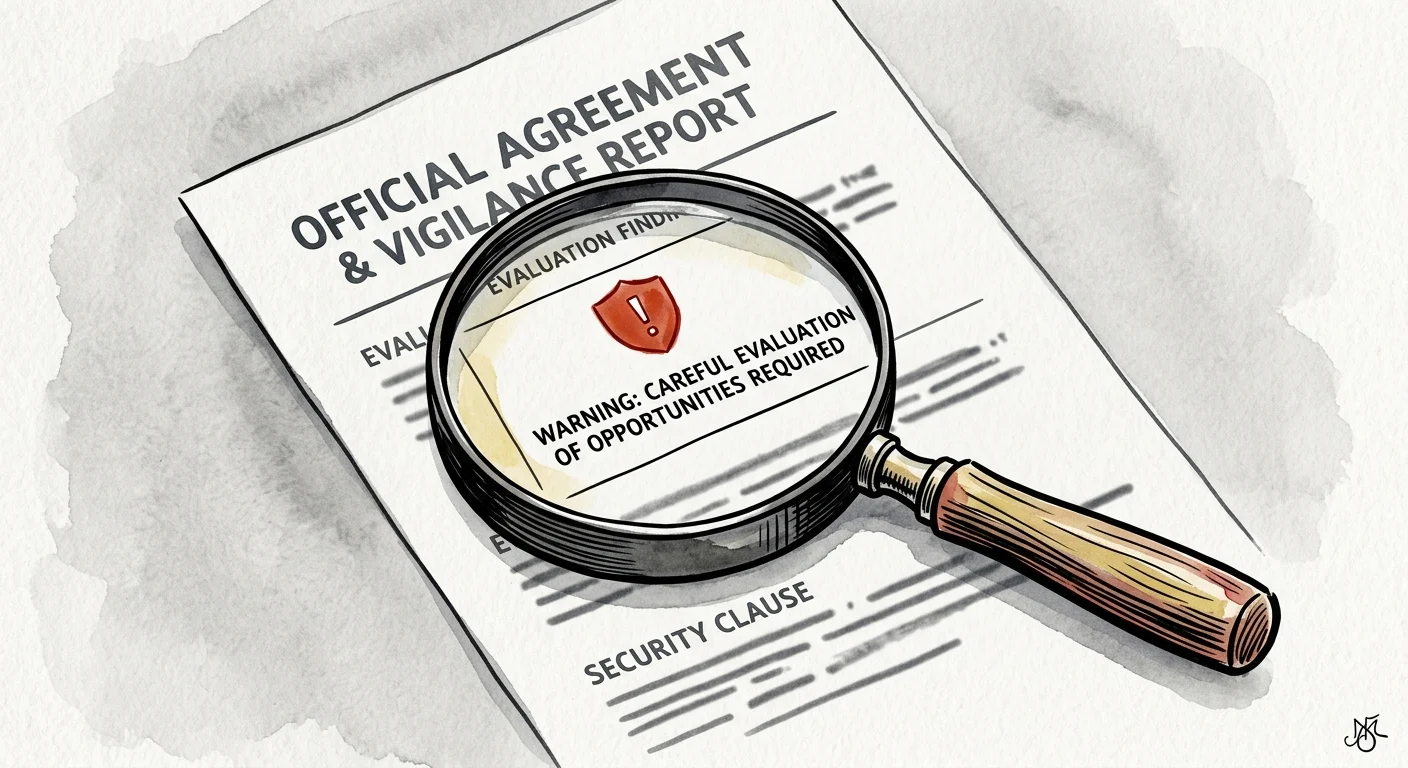 An illustration of a magnifying glass inspecting a document with a small red warning shield icon next to it.