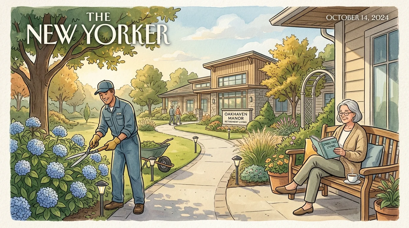 An illustration of a maintenance worker tending to landscaping while a senior resident relaxes on a porch reading a book.
