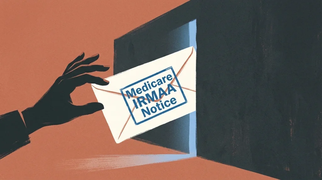 An illustration of a Medicare notice envelope slipping through a closing blue slit in a dark wall as a hand tries to catch it.