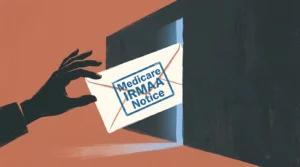 An illustration of a Medicare notice envelope slipping through a closing blue slit in a dark wall as a hand tries to catch it.