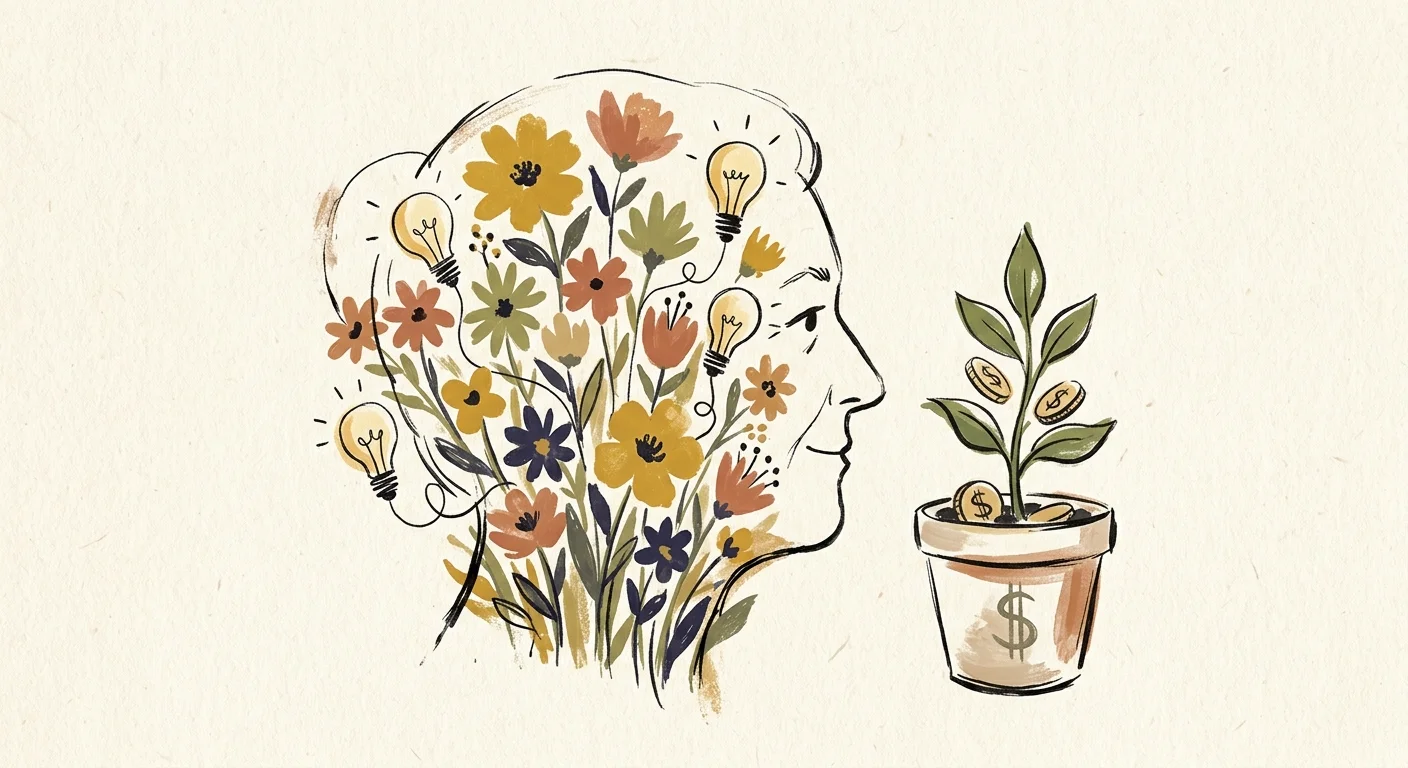 An illustration of a senior's profile blooming with wildflowers next to a growing potted plant, representing mental and financial health.