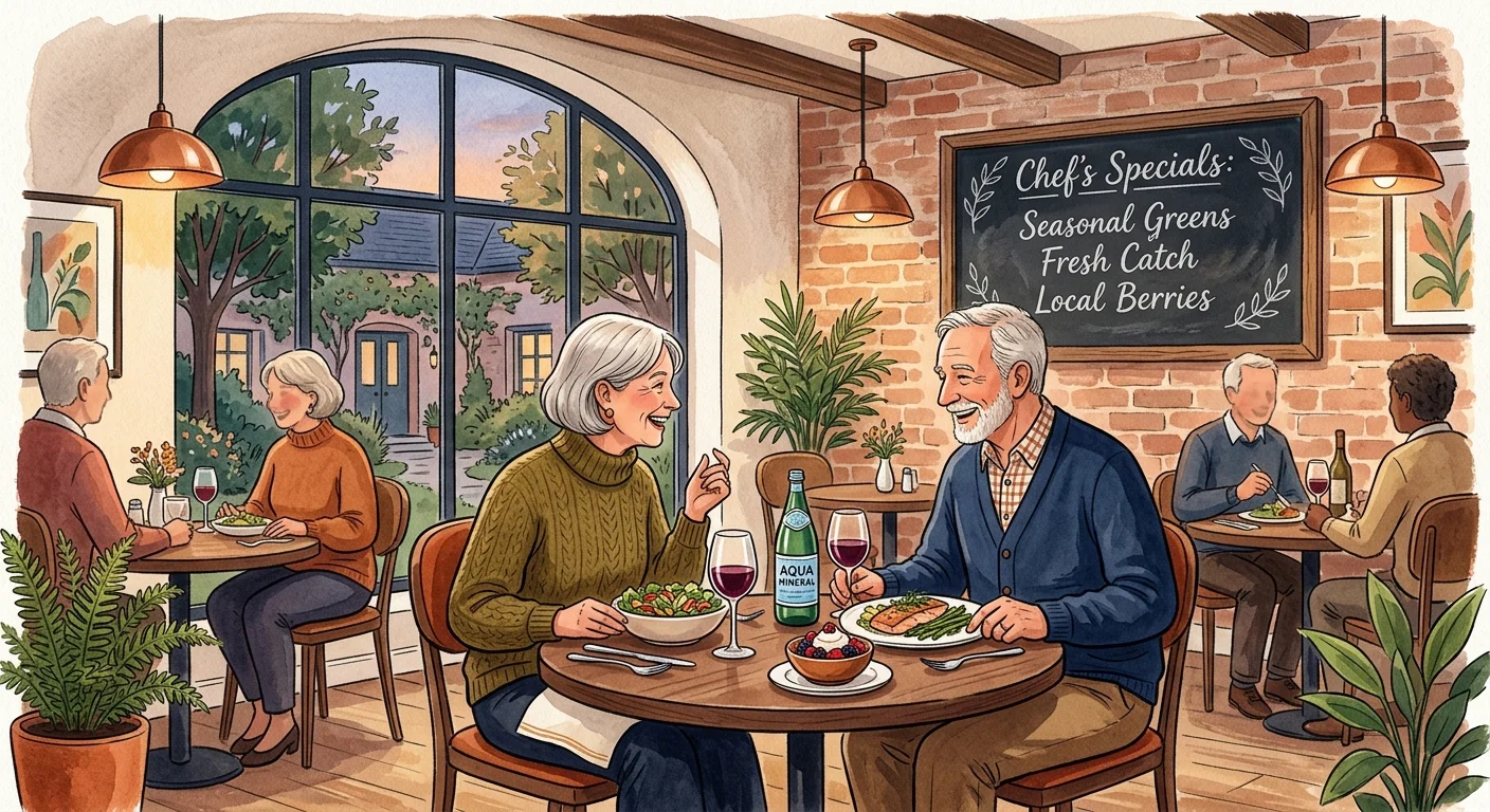 An illustration of an older couple enjoying a fresh dinner at a cozy community bistro with a seasonal daily specials menu.