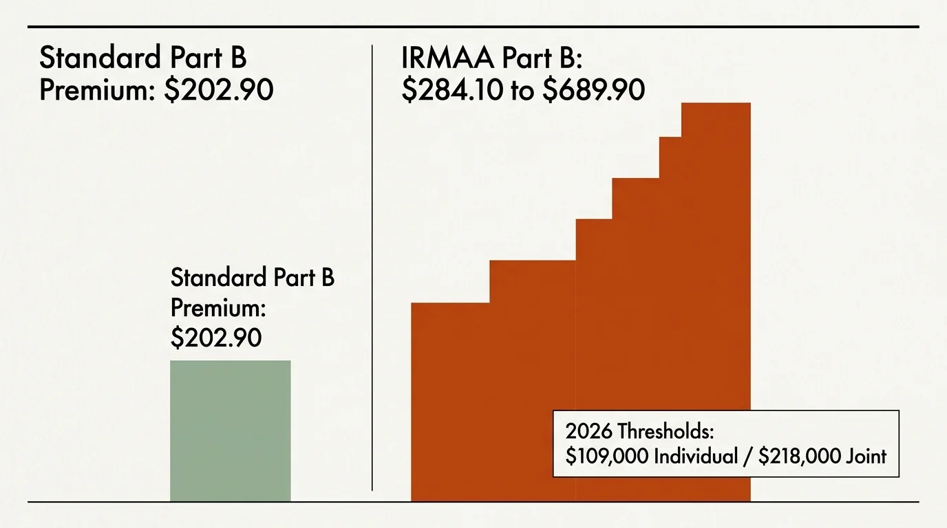An infographic comparing the $202.90 standard Part B premium to the higher tiered IRMAA premiums ranging from $284.10 to $689.90.