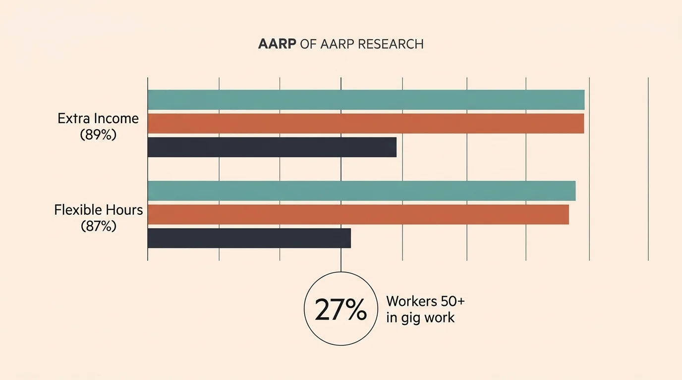 An infographic displaying statistics on older freelancers, showing 89 percent seek extra income and 87 percent desire flexible hours.
