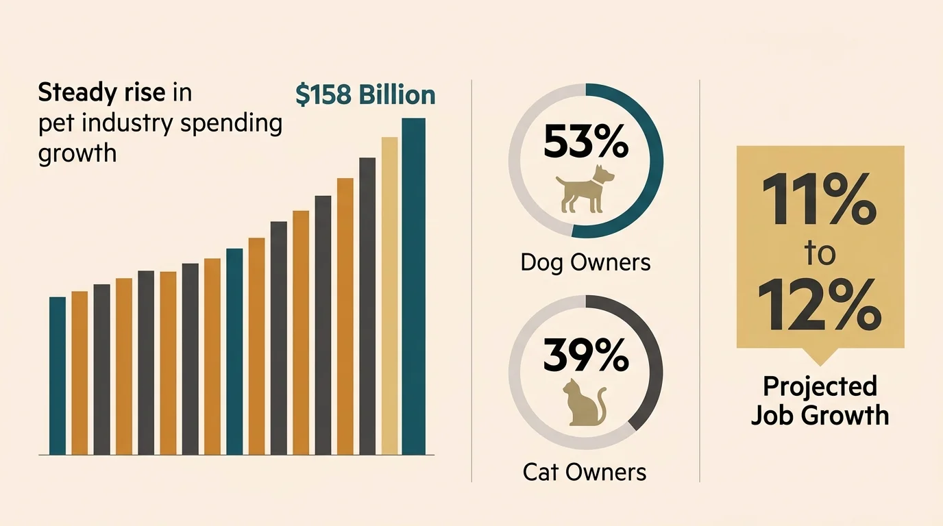 An infographic showing the 11% to 12% projected job growth in animal care, along with $158 billion in national pet spending.