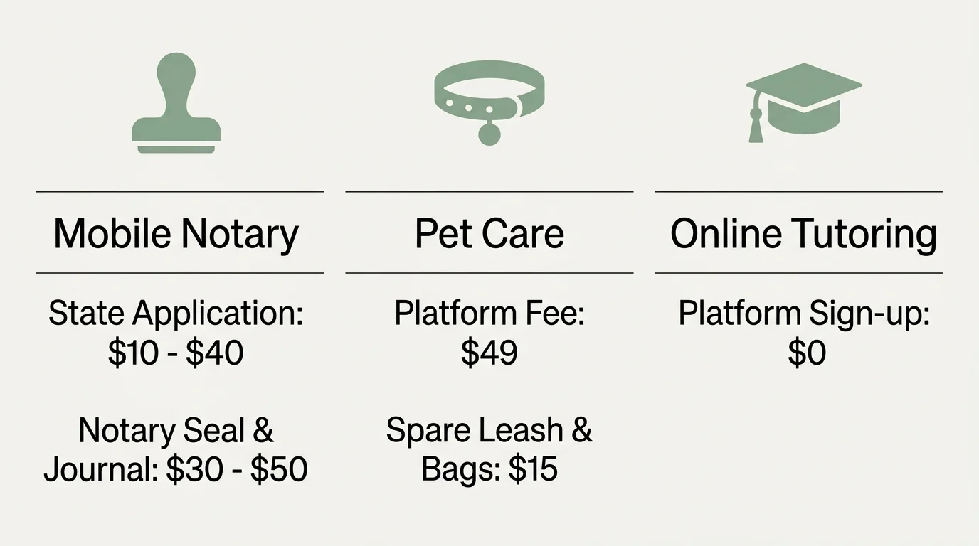 An infographic showing the specific low startup costs for Mobile Notary, Pet Care, and Online Tutoring side gigs, all under $100.