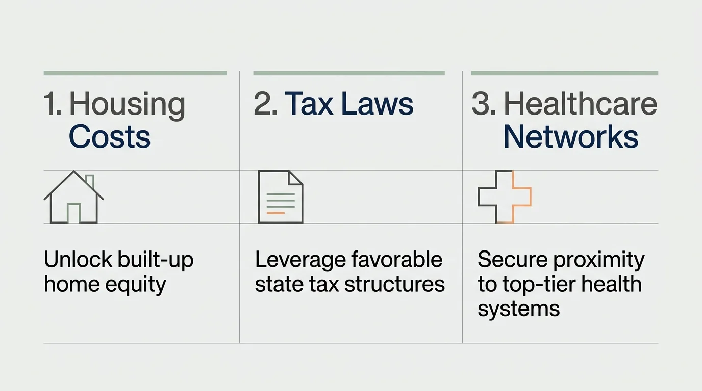 An infographic showing three columns for housing costs, tax laws, and healthcare networks as the strategic pillars for relocation.