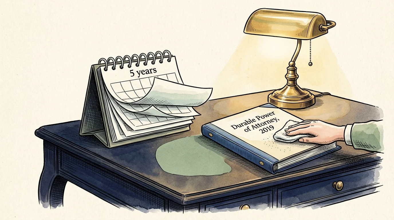 An ink and watercolor drawing of a hand dusting off an older Power of Attorney folder next to a calendar.