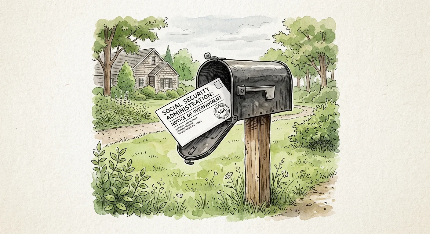 An ink and watercolor drawing of an official Social Security overpayment notice envelope resting inside a vintage mailbox.