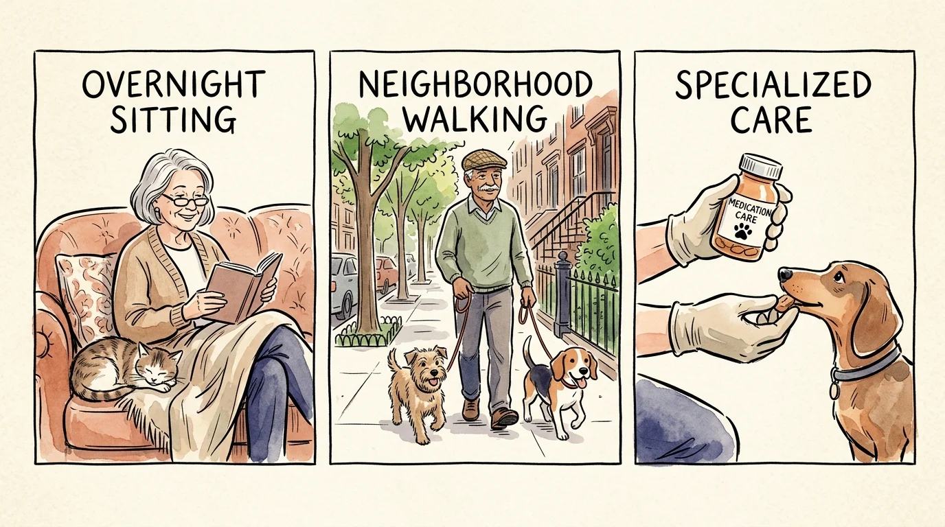An ink and watercolor drawing showing overnight pet sitting, dog walking, and specialized medication care for pets.