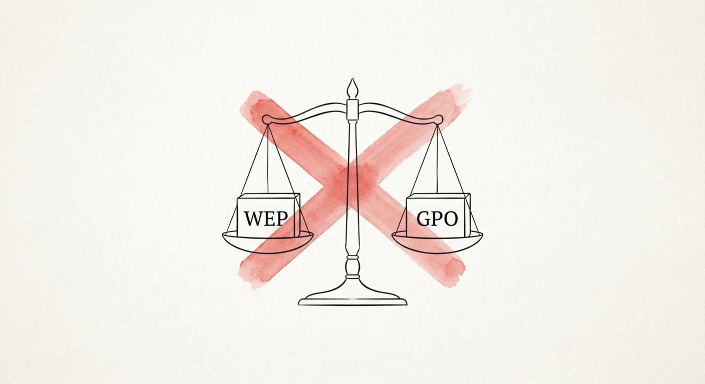 An ink and watercolor illustration of a balance scale with the labels WEP and GPO crossed out, symbolizing policy repeal.