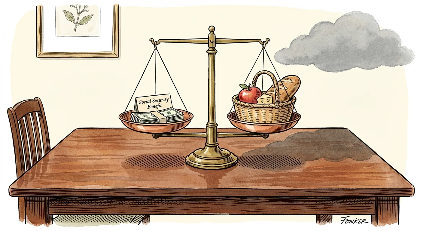 An ink and watercolor illustration of a brass scale balancing a stack of dollar bills against a small basket of bread and fruit.