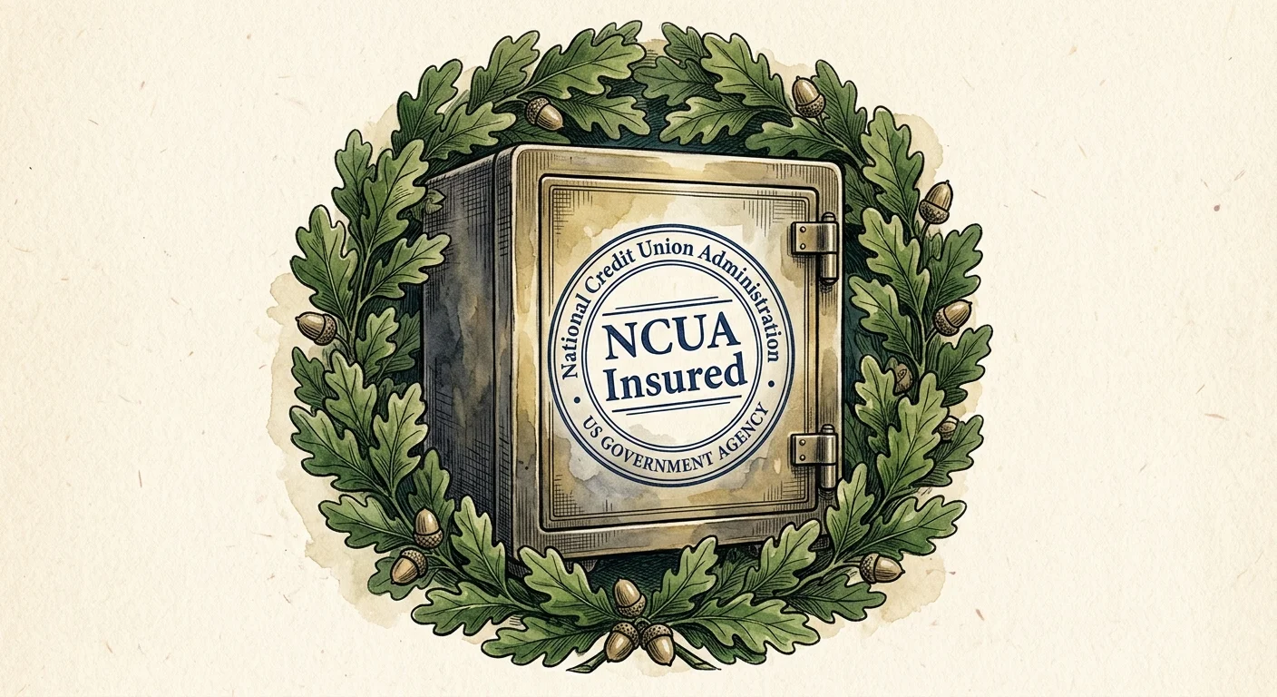 An ink and watercolor illustration of a classic safe box labeled 'NCUA Insured' surrounded by protective oak leaves.