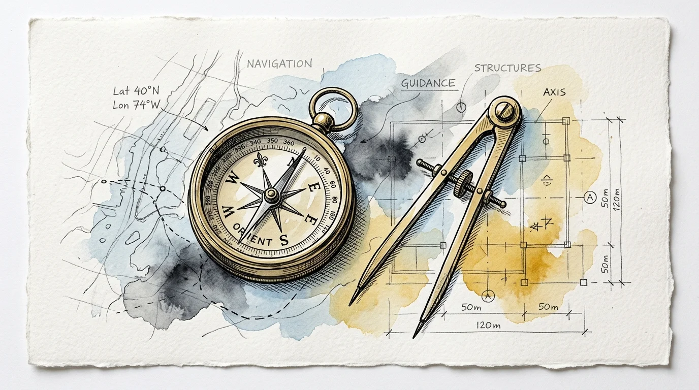 An ink and watercolor illustration of a compass and drafting tools over a blueprint, symbolizing expert guidance.