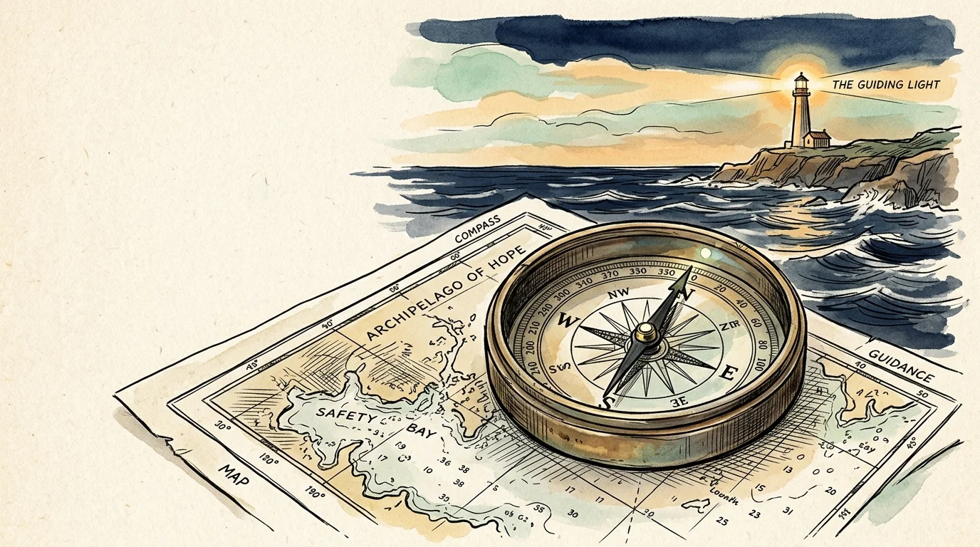 An ink and watercolor illustration of a compass on a map pointing towards a glowing lighthouse, symbolizing expert guidance.