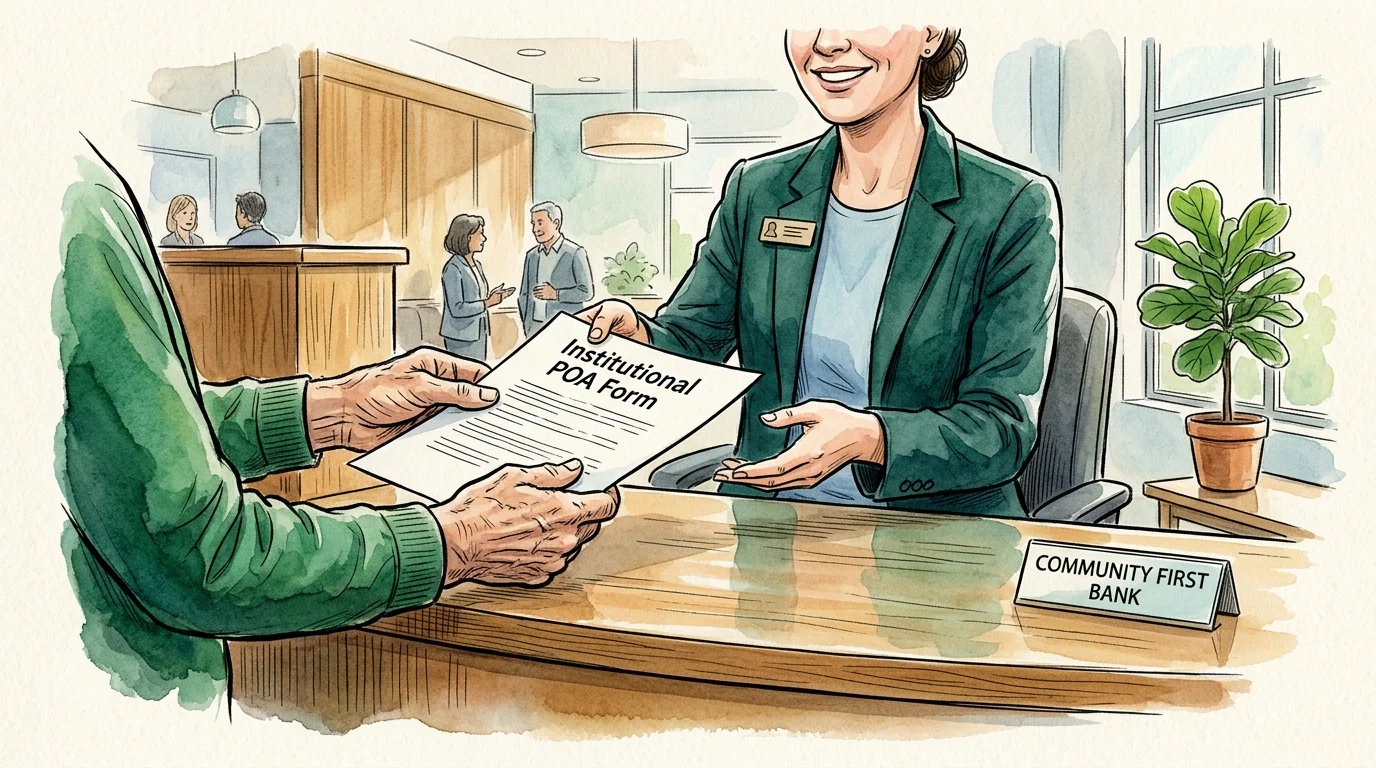 An ink and watercolor illustration of a customer handing an institutional POA form to a bank representative.