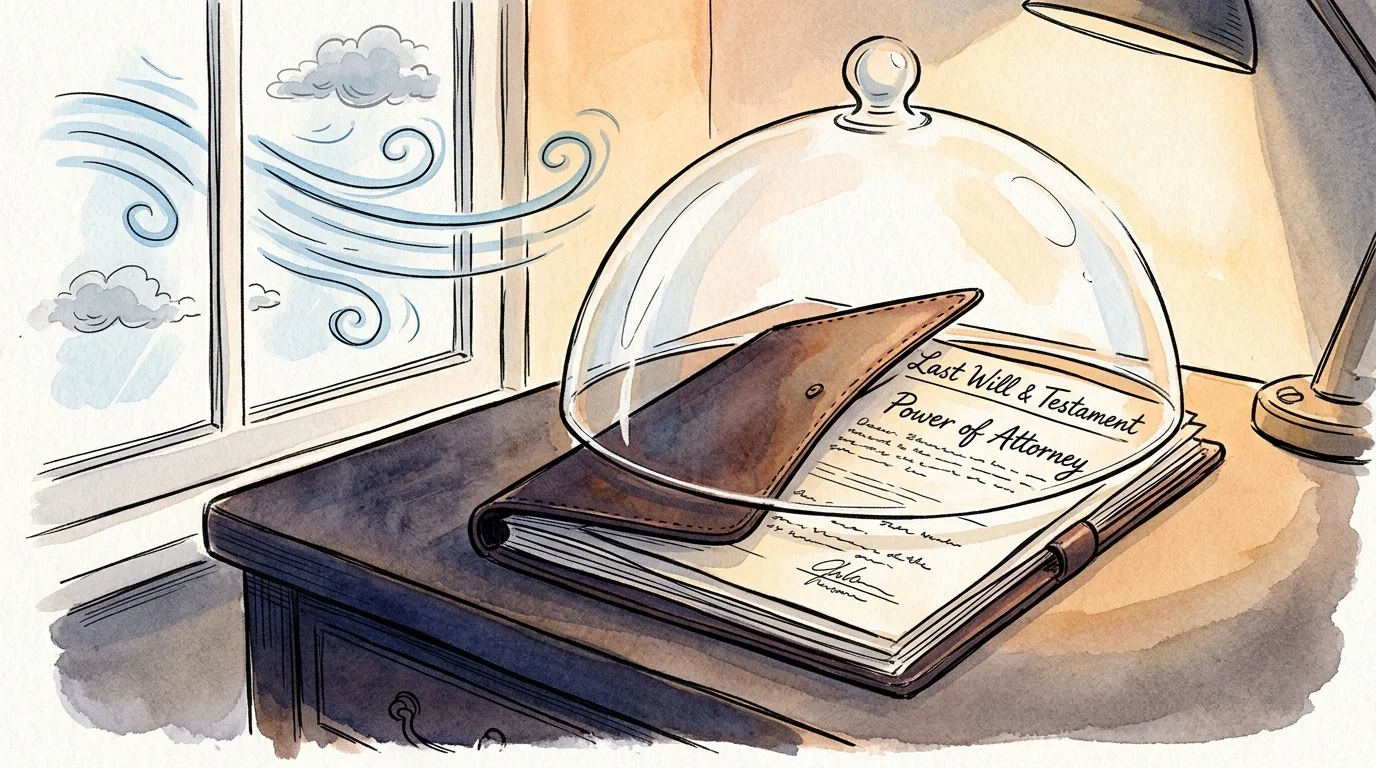 An ink and watercolor illustration of a glass dome protecting a legal folder from swirling blue wind on a desk.