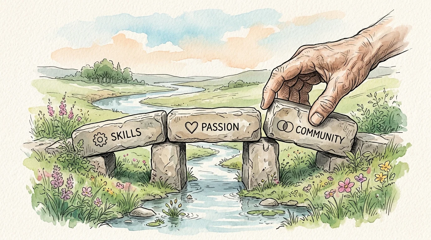 An ink and watercolor illustration of a hand completing a stone bridge over a stream, symbolizing a transition.
